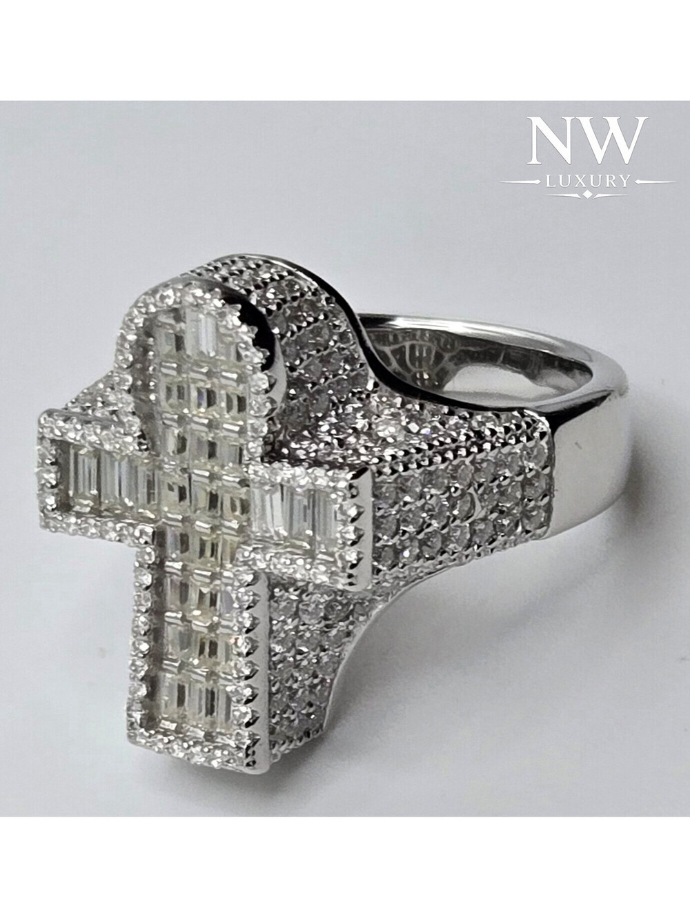 NEW 5CTW MOISSANITE Cross Ring VVS1 D Solid 925 Sterling Silver Baguette Iced